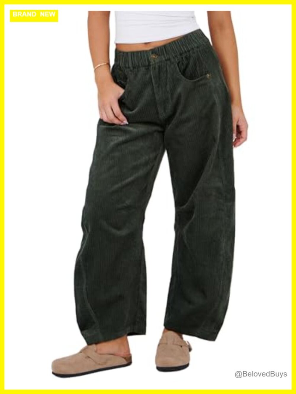 Corduroy Barrel Pants Wide Leg Trousers Elastic Waist Pull On